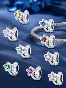 1pc Flower Month Theme Beaded Pendant, Suitable For DIY Jewelry Making Such As Bracelets, Necklaces, Etc., Perfect Gift For Women And Girls - Silver - View 2
