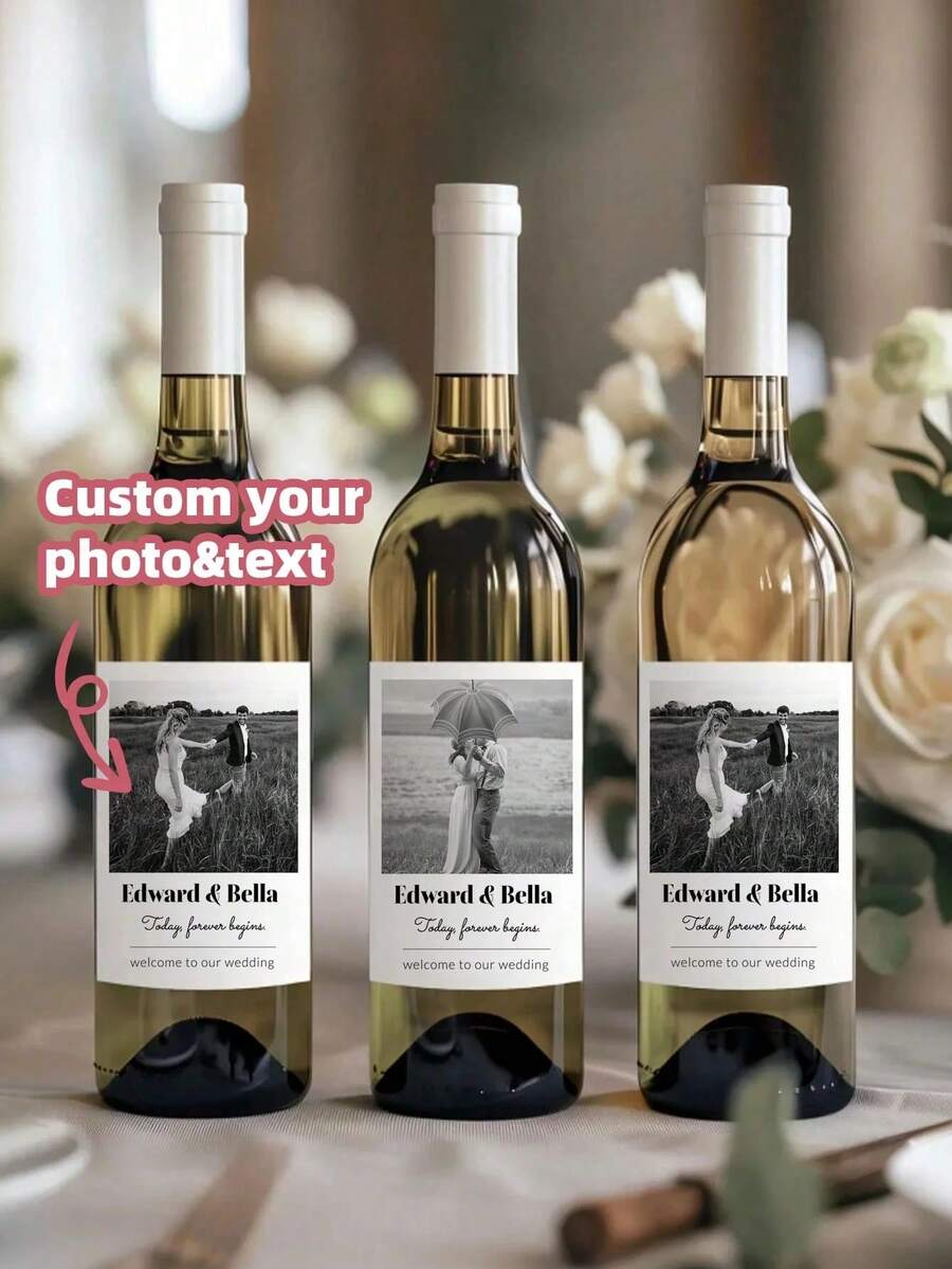 1-8pcs Customized Wine Bottle Stickers, Personalized Photo Labels, Customized Name Stickers, Wedding Labels, Waterproof Champagne Bottle Stickers, Suitable For Bridal Shower, Engagement Party - Multicolor - View 1