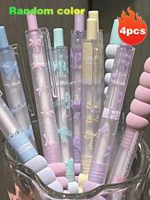 4支裝可愛蝴蝶結可伸縮中性筆，高品質快乾水性墨水可替芯，0.5mm黑色墨水順滑書寫，適合學生考試、筆記本、辦公使用，完美學生文具禮物，開學季 - A - 查看 15