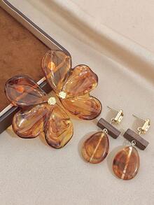 Luxuy Retro Amber Large Asymmetric Petal Drop & Wooden Dangle Earrings, Gold Jewelry Gift, For Daily Party Birthday Valentine's Day, Boho/Y2K - Multicolor - View 5