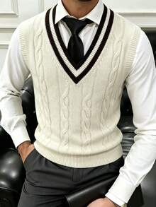 Men's Casual Striped Contrast Color Knit Vest, Versatile For Daily Wear And Business - Apricot - View 1