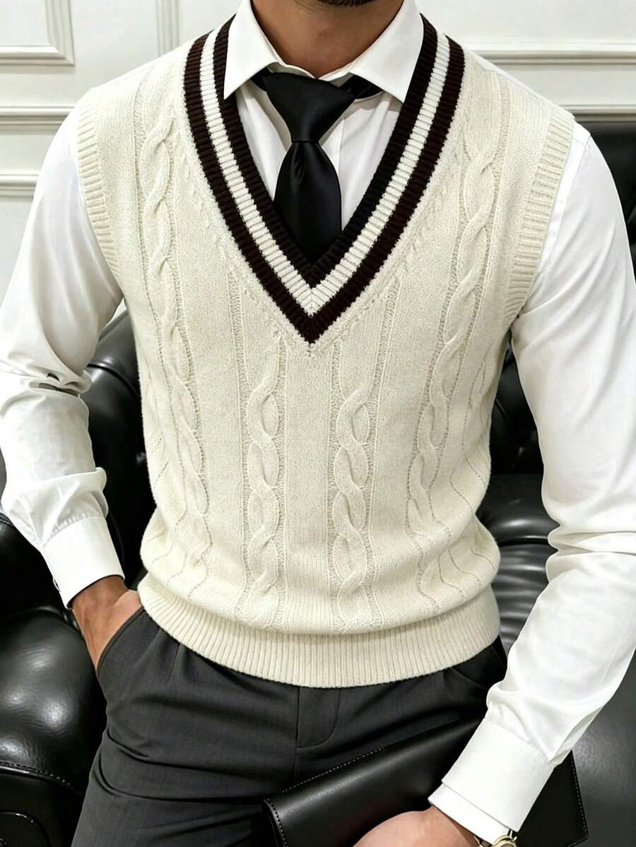 Men's Casual Striped Contrast Color Knit Vest, Versatile For Daily Wear And Business - Apricot - View 1