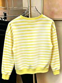 Tween Girl Cartoon Print Striped Crew Neck Long Sleeve Sweatshirt - Yellow - View 2