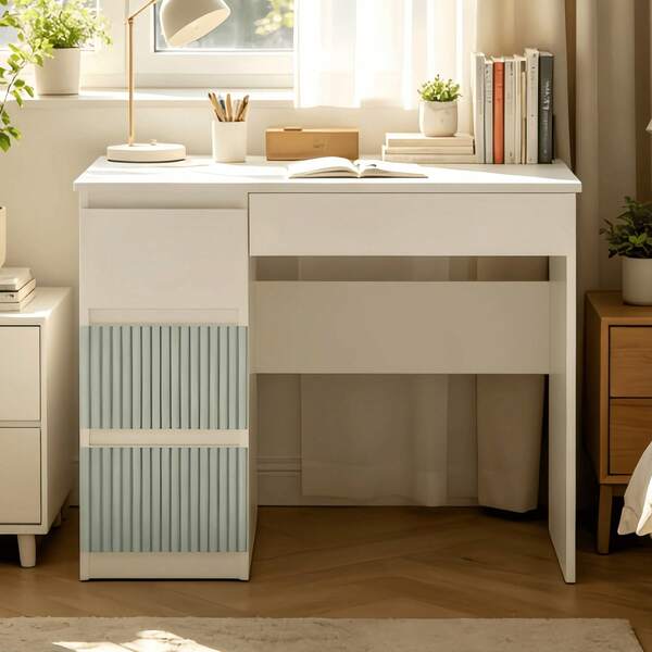 1 Piece Compact Multi-Storage Fluted Student Desk, Size 98*51*76cm ,Multi-Use Bedroom Vanity Table, Laptop Desk, Children Homework Table, Apartment Cosmetic Desk, Study Storage Desk