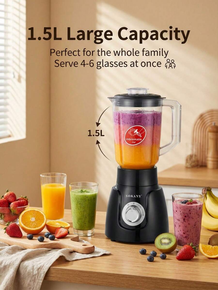 SOKANY 185 多功能榨汁機兼食物處理機,500W 高功率輸出,1500ml 大容量,適合 3-5 人使用,內建咖啡/香料研磨器,配備不鏽鋼刀片 - 查看 1