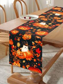 1pc Happy Halloween Tablecloth, Pumpkin Ghost Leaf Pattern Tablecloth, Party Tablecloth, Halloween Party Supplies, Scary Halloween Table Runner, Haunted House Decoration, Trick Or Treat Decoration, Halloween Gift, Party Gift, Halloween Home Decor, Room Decoration, Kitchen Tablecloth, Christmas Decoration, 2027 New Year Party Decoration, New Year Gift, Winter Decoration - Pumpkin Ghost Leaves - View 7