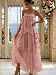 Women's Lace Asymmetrical Elegant Long Ruffle Hem Maxi Dress, Sleeveless Fashion Graduation Prom Party Evening Gown Wedding, For Her Fall - Baby Pink - View 1