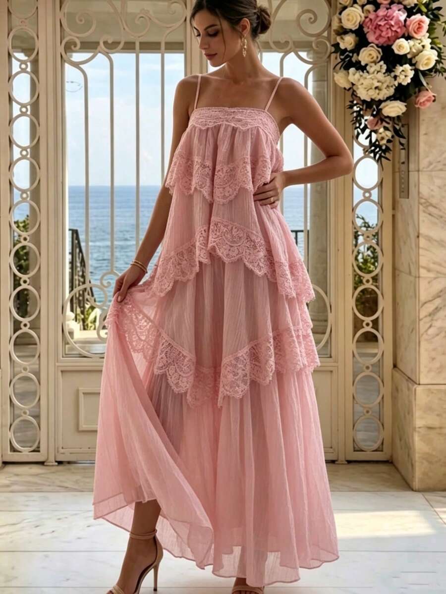 Women's Lace Asymmetrical Elegant Long Ruffle Hem Maxi Dress, Sleeveless Fashion Graduation Prom Party Evening Gown Wedding, For Her Fall - Baby Pink - View 1
