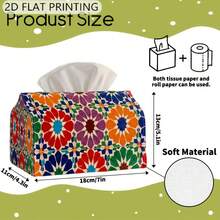 1 pieza Caja de pañuelos con estampado plano 2D, patrón geométrico de azulejos marroquíes, caja de almacenamiento de pañuelos, caja de pañuelos rectangular, adecuada para almacenamiento de pañuelos de alta gama, funda de caja de pañuelos para coche, decoración del hogar - Multicolor - Ver 3