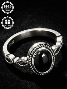 1pc S925 Sterling Silver Inlaid Synthetic Black Zirconia Vintage Oval Ring, Women's Daily & Party Wear, Gift Box Included - Silver - View 6