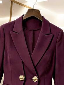 Women's Autumn Commute Daily Solid Color Double-Breasted Design Waist-Cinching Double-Row Button Long Sleeve Blazer - Burgundy - View 4