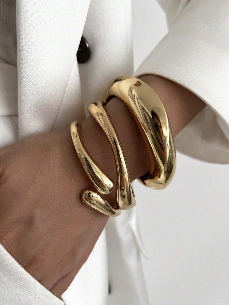 1Pc Vintage Asymmetric Snake Water Drop Metal Bracelet, Minimal Abstract Geometric Design, Elegant Jewelry Gift For Women Daily, Party Fashion Shoot - Gold - View 1