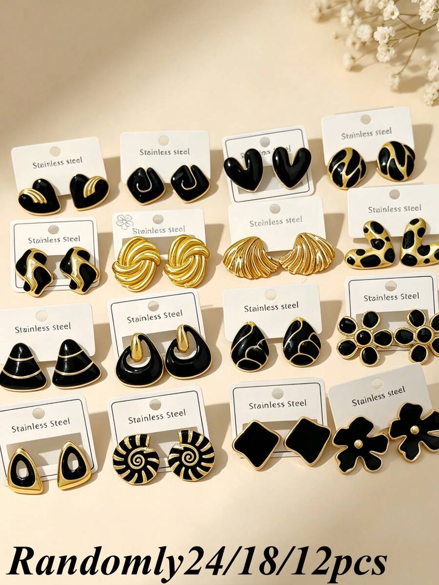 12/9/6 Sets Stainless Steel Earrings, Stainless Steel Material, Styles Include Geometric And Asymmetric Designs. Elegant Everyday Wear Earrings, Ideal Valentine's Day Gift. (Random Shipment) - Stainless Steel Set - View 1