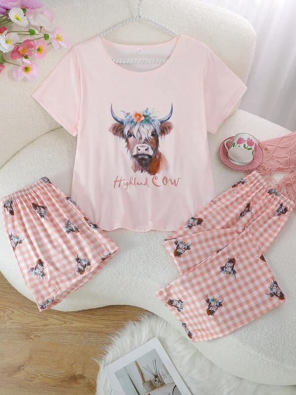 3-Piece Women's Pajama Set, Cool Short Sleeve Crew Neck Pullover Top, Shorts And Long Pants, Comfortable Loose Fit, Suitable For Summer And All Seasons, Home Wear, Vacation, Holiday, Party, Beach, Casual Animal Highland Cow Graphic Print