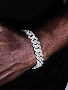 1pc 12mm Full Rhinestone Flip Clasp Rhombus Zirconia Bracelet, Personalized Hip Hop Cuban Chain Men's Full Rhinestone Bracelet, Suitable As A Gift - Multicolor - View 12