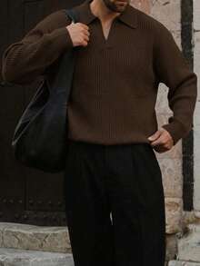 Jersey de cuello de polo acanalado para hombre, jersey holgado informal de punto, adecuado para otoño e invierno, top de manga larga - Marrón - Ver 5