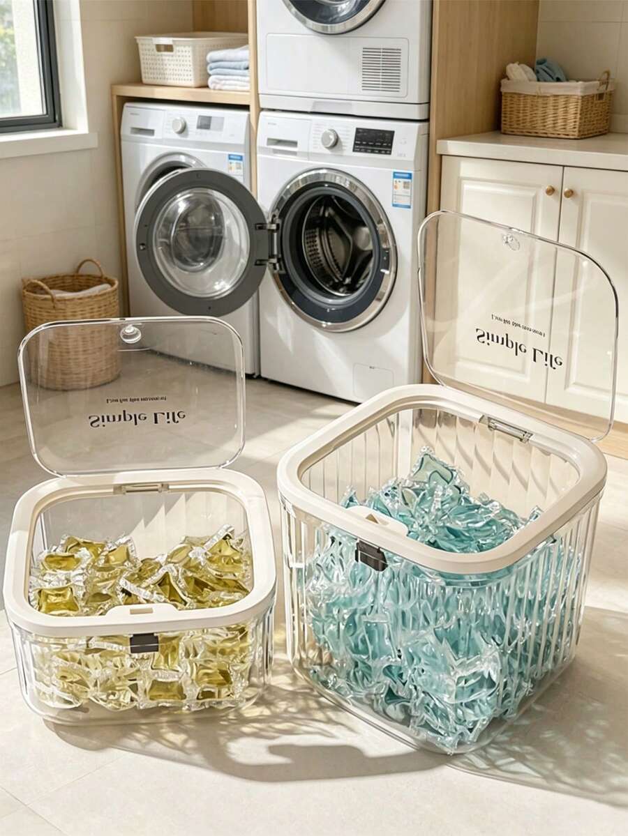 1 buah/2 buah Kotak Penyimpanan Deterjen Cucian dengan Tutup, Wadah Penyimpanan Kapasitas Besar untuk Deterjen Cucian/Bubuk Cucian, Dispenser Deterjen Kapsul, Pengatur Perlengkapan Pembersih, Aksesoris Rumah, Cocok untuk Ruang Cuci, Kamar Mandi, Toilet, Aksesoris Kamar Mandi