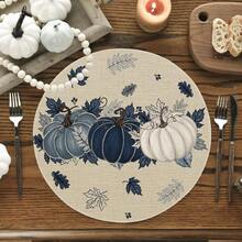 Navy Blue Pumpkin & Eucalyptus Leaf Round Autumn Placemats 4pcs/6pcs, 14 Inch Thanksgiving Round Table Mats For Dining Table Decor - Multicolor - View 2