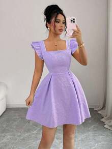 Vestido elegante estilo A con estampado floral, cuello cuadrado francés, mangas cortas, cintura ajustada y tono crema amarillent - Negro - Ver 6
