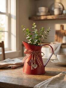 Rust-Proof Iron Flower Pot, Vintage Galvanized Red And White Farmhouse Style Planter With Spotted Finish, Square Bow And Heart-Shaped Key Pendant, Suitable For Entryway, Kitchen And Shelf Indoor Decoration, Perfect Holiday Gift For Plant And Home Decor Enthusiasts - Multiple Styles - View 6