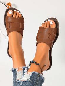 Ximi Ruo Korean Style Casual Flat Slide Sandals For Women, Open Toe Woven Roman Sandals, Spring Summer New Fashion French Style Brown Flat Slippers For Beach, Apartment, Outdoor Wear, Matching With Skirts - Brown - View 4