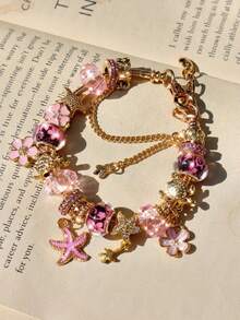 This Fashionable And Unique Handmade Beaded Bracelet, Decorated With Rhinestones, Shells, Starfish, Faux Pearls, Stars, Whale Tails And Sea Turtle Charms, Is Designed Specifically For Girls. It Comes With An Adjustable And Detachable Copper Chain, Making It Perfect For Beach, Vacation, Party, Casual Occasions And Daily Wear, And Also An Excellent Gift. - Multicolor - View 3