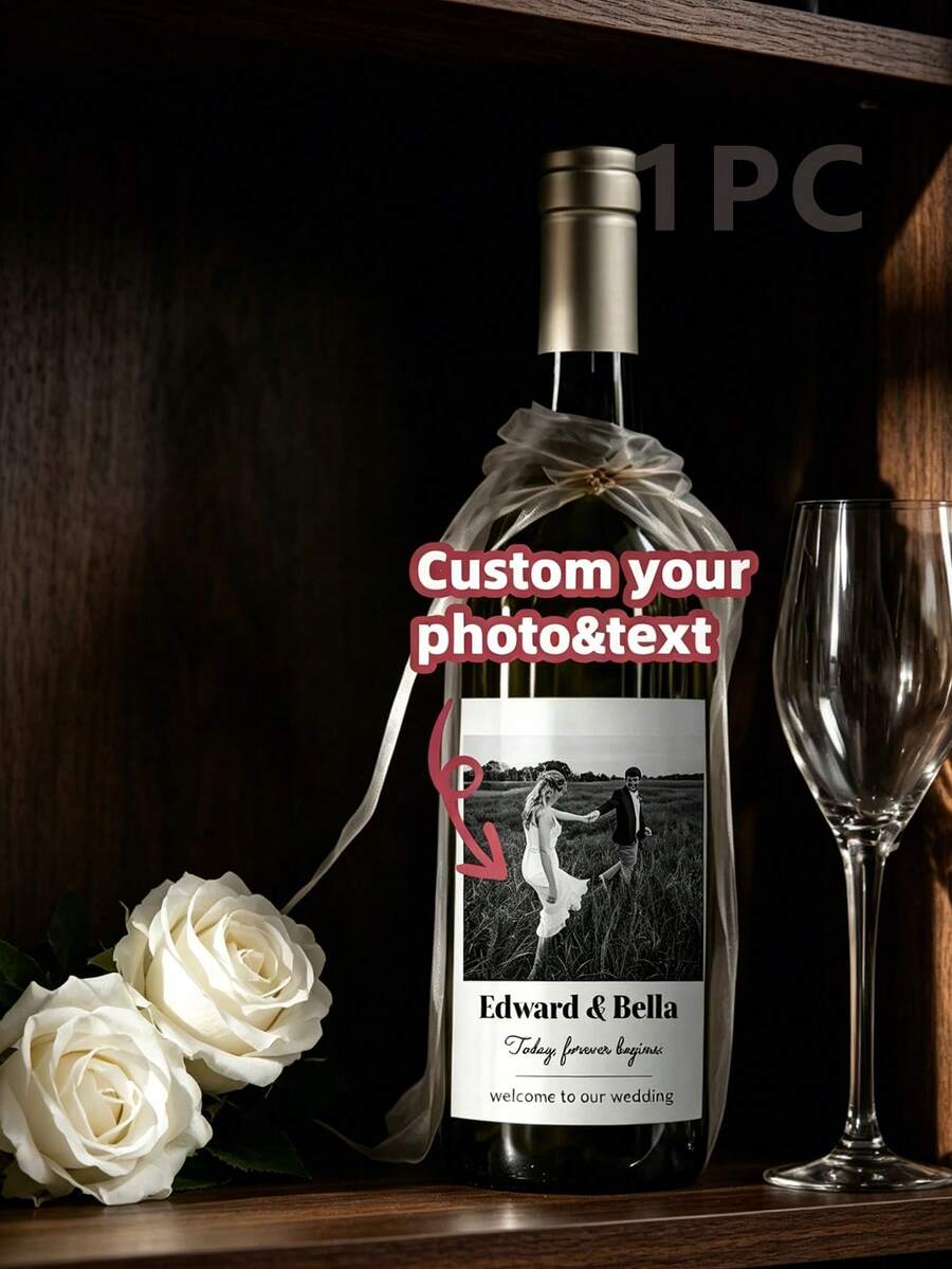 1-8pcs Customized Wine Bottle Stickers, Personalized Photo Labels, Customized Name Stickers, Wedding Labels, Waterproof Champagne Bottle Stickers, Suitable For Bridal Shower, Engagement Party - Multicolor - View 1