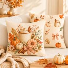 2pcs Cozy Fall Drink & Pumpkin Pillow Covers, Gingham Bow Autumn Cushion Covers For Sofa Bedroom(Pillow Inserts Not Included) - Multicolor - View 2