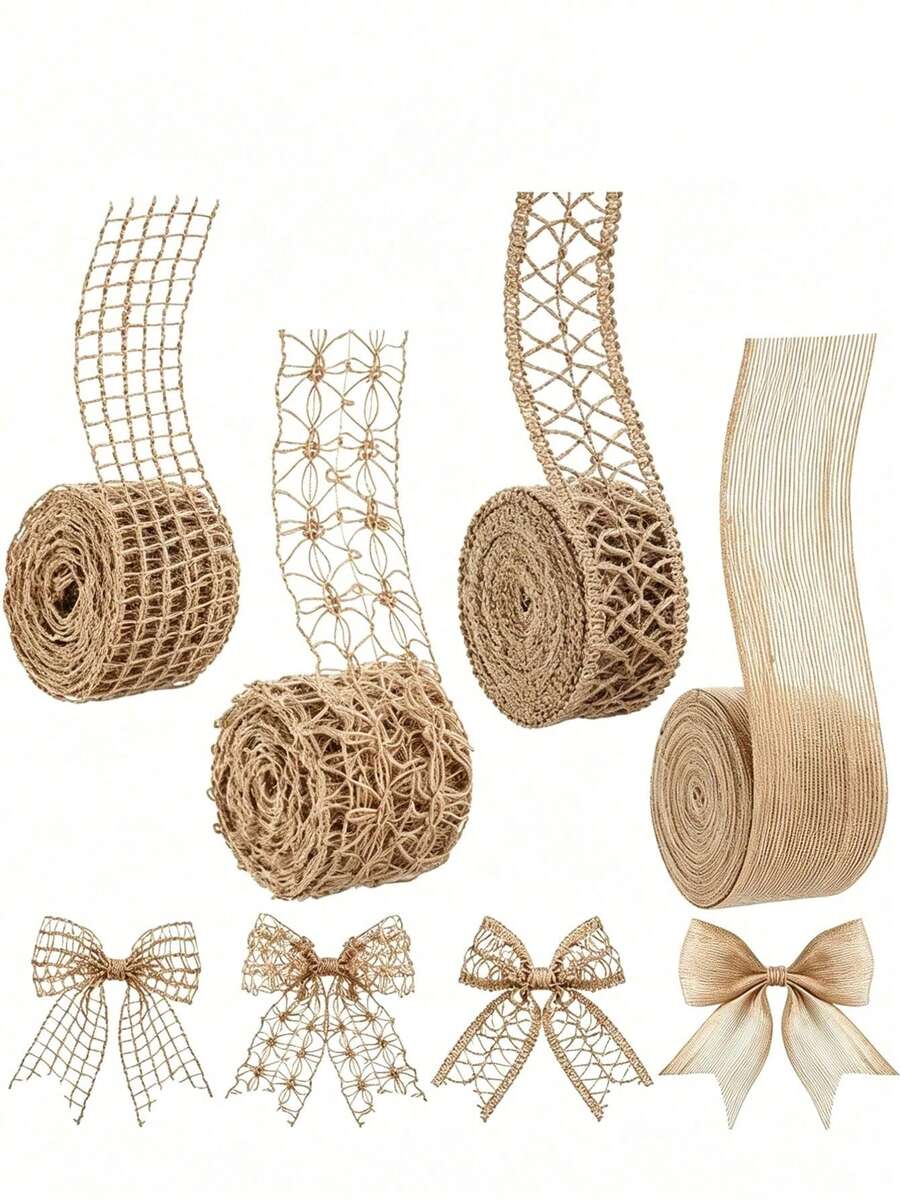 天然黃麻繩網格緞帶,DIY手工藝、婚禮裝飾與居家裝飾編織緞帶,禮物花卉蛋糕包裝緞帶,大地色米色紋理圖案,適用於節日派對與禮物包裝,手工材料 - 多色 - 查看 1
