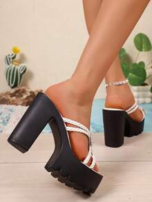 2026 New White Woven Rhinestone Butterfly Chunky Heel Sandals, Wear-Resistant Serrated High Heel Thick Sole Wedge Sandals - White - View 6
