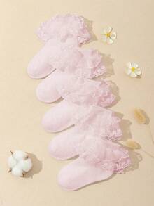 5 Pasang Kaos Kaki Dansa Katun Bernapas Berbahan Jala Warna Polos untuk Anak Perempuan, Kaos Kaki Kasual Gaya Putri dengan Hiasan Renda untuk Balita - Baby Pink - View 12