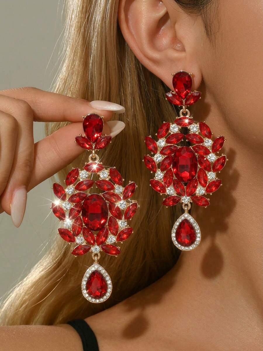 1 Pair Water Drop Style Bridal Women's Fashion Crystal Earrings, Luxury Ear Jewelry, Suitable For High-End Evening Gowns And Weddings - Silver Green 574-3 - View 1