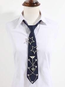 1 pièce Cravate sans nœud en forme d'étoile avec strass pour femme, décoration de chaîne en métal en forme de cœur, cravate d'uniforme JK, accessoire de chemise rétro doux et cool - Multicolore - Voir 7