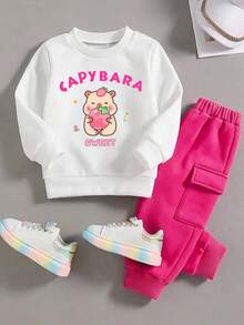 Baby Girl Cartoon Print Round Neck Warm Sweatshirt And Pocket Long Pants Set - White - View 1