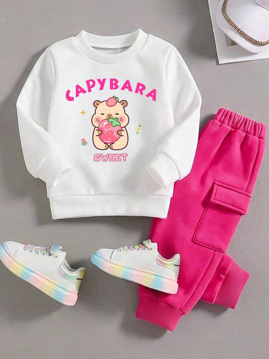 Baby Girl Cartoon Print Round Neck Warm Sweatshirt And Pocket Long Pants Set - White - View 1