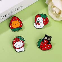 Conjunto de broches de esmalte de gato de fresa suave y lindo, gatito de tres colores naranja, negro y blanco con fruta roja, pin de metal con atmósfera dulce, insignia de animal, adecuado para chaqueta de mezclilla, mochila, accesorios de decoración de sombrero, regalo perfecto para amantes de los gatos, niñas, entusiastas de las frutas - Multicolor - Ver 1