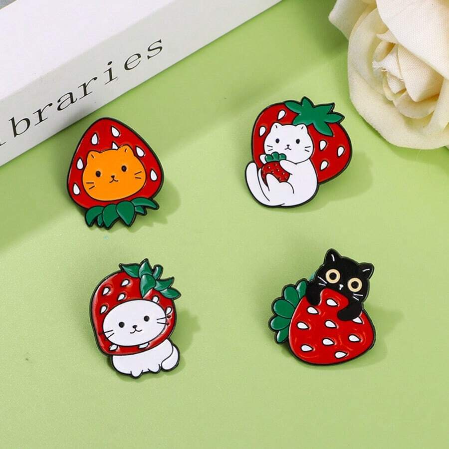 Conjunto de broches de esmalte de gato de fresa suave y lindo, gatito de tres colores naranja, negro y blanco con fruta roja, pin de metal con atmósfera dulce, insignia de animal, adecuado para chaqueta de mezclilla, mochila, accesorios de decoración de sombrero, regalo perfecto para amantes de los gatos, niñas, entusiastas de las frutas - Multicolor - Ver 1
