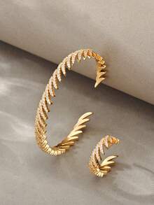Conjunto de pulseras doradas, cobre texturizado versátil con incrustaciones de circonita, adecuado para uso diario, reuniones, citas, fiestas, regalos - Dorado - Ver 9