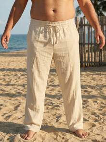 Plus Size 1XL-6XL Men's Loose Straight Linen Casual Pants, Hawaiian Resort Style Beach Trousers - Khaki - View 4