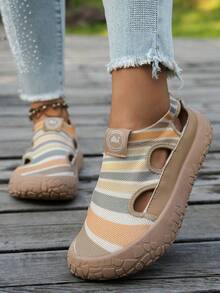 Women's New Vintage Colorblock Mesh Rainbow Striped Knit Closed-Toe Sandals, Soft Elastic Shock-Absorbing Casual Beach Shoes, Sneakers For Women - Khaki - View 5