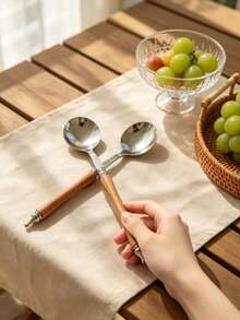 1pc Wood Grain Handle Stainless Steel Round Head Long Handle Spoon, Household Rice Spoon, Soup Spoon, Tea Spoon, Dessert Spoon - View 13