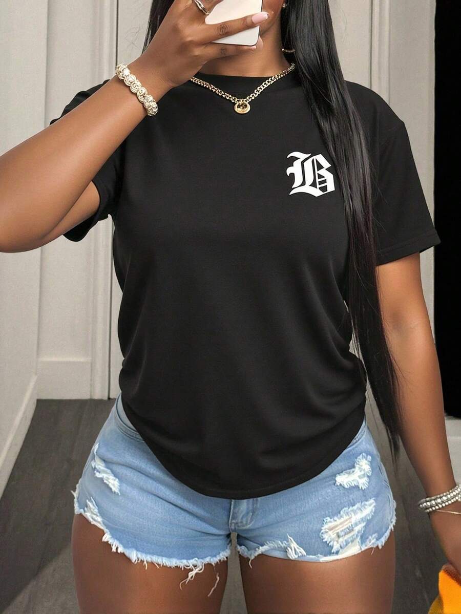 T-shirt décontracté pour femme , coupe ajustée, manches courtes. Décontracté, confortable, col rond, manches courtes, tendance. T-shirt à col en T - Noir - Voir 1