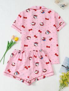 授權 2 件組 春夏女款 Sanrio Hello Kitty 印花翻領短袖鈕扣口袋上衣與蝴蝶結短褲睡衣套裝居家休閒服 - 粉色 - 查看 2