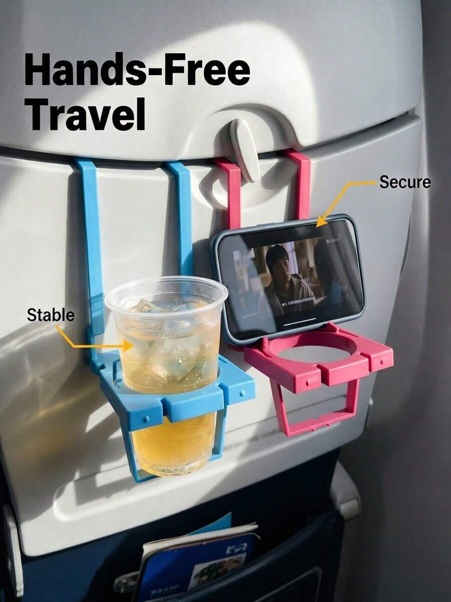 1 buah Tempat Gelas Multifungsi Pesawat Terbang - Dudukan Ponsel - Tempat Minuman Meja Baki Pesawat Lipat - Aksesori Perjalanan 2-in-1 - Cocok Untuk Ponsel - Kaleng Soda - Gelas Air - Kompatibel Dengan Sebagian Besar Meja Baki Kursi Pesawat - MultiWarna - View 1