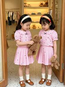 2pcs Girls Back To School Peter Pan Collar Button-Up Princess Sleeve Blouse And Pleated Skirt Set, Doll Style, Suitable For Daily, School And Party - Pink - View 4