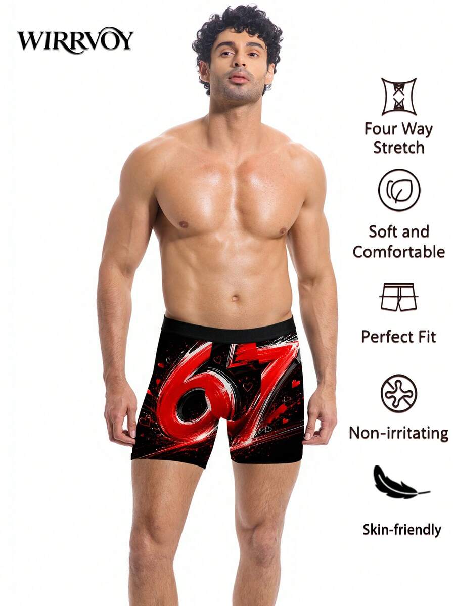 1 Peça Cueca Boxer com Estampa de Coração Vermelho "67", Estilo Graffiti de Amor, Roupa Íntima Masculina, Presente de Aniversário, Presente do Dia dos Namorados, Presente de Aniversário, Presente de Casamento, Presente para Melhor Amigo, Presente para Namorado, Presente para Marido, Presente para Ele - Preto - Visão 1