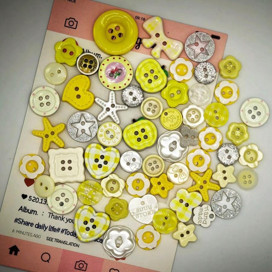 12/24/36/48/60/72/84Pcs Mixed Yellow And White Resin Buttons, Random Pattern And Color Heart, Flower, Apple Series Small Buttons, Plastic DIY Handmade Buttons Suitable For Sewing, Knitting, Craft DIY - Multicolor - View 1