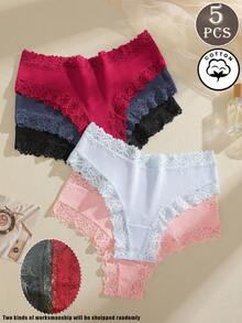 5pcs Women's Solid Color Comfortable Lace Trim Bikini Panties - Multicolor - View 1
