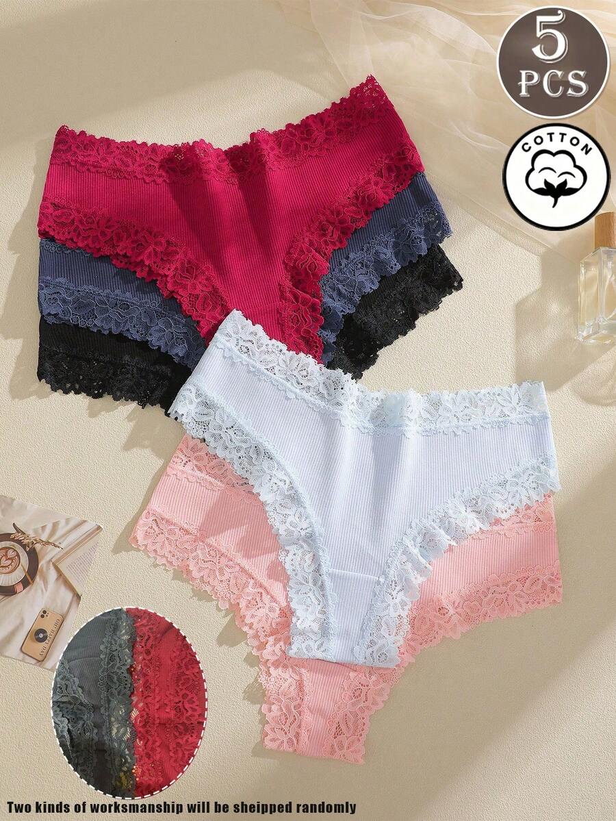 5pcs Women's Solid Color Comfortable Lace Trim Bikini Panties - Multicolor - View 1