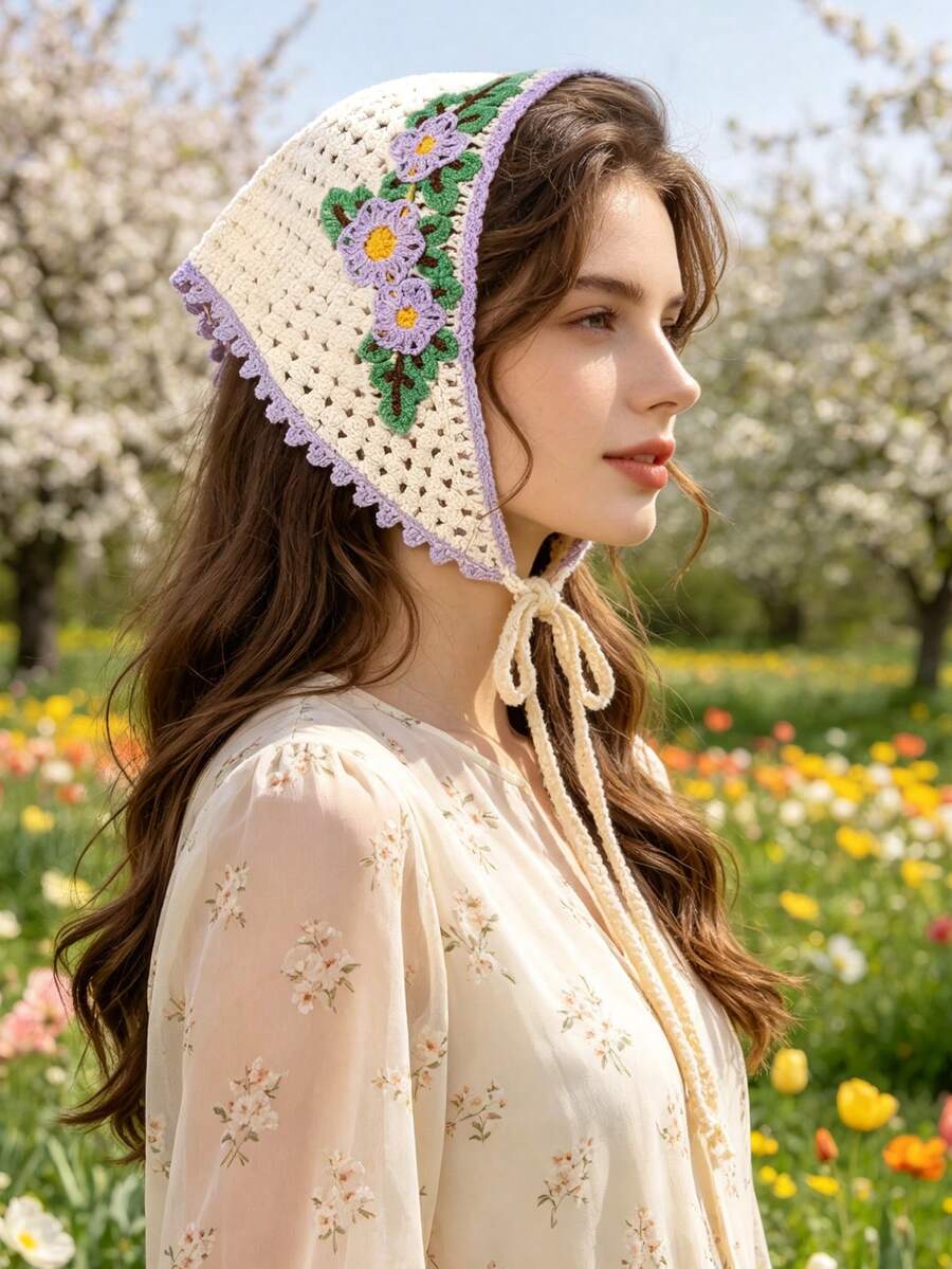 1件女性鉤編髮箍頭巾 波西米亞風 優雅花卉刺繡髮帶 鄉村風頭飾 女用髮飾 - 彩色 - 查看 1